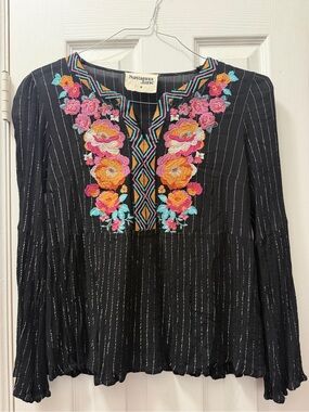 Savanna Jane Black Long-sleeve Top with Pink, Teal & Gold Embroidery